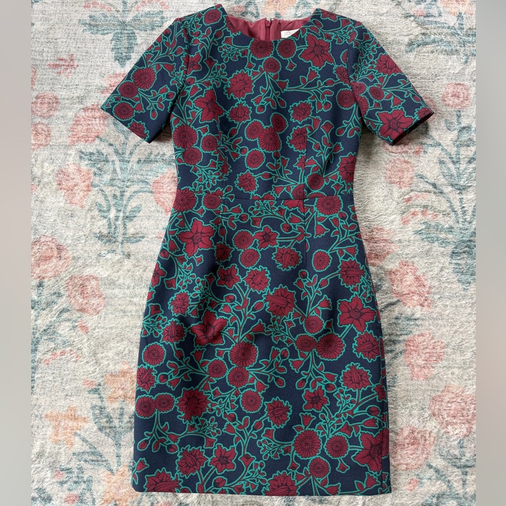 J. Crew Sheath Dress with Burgundy Floral & Teal Vine Print